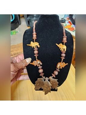 Vintage 80s Tribal-style Handmade Wood Elephant and Leaf Necklace